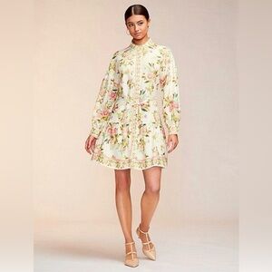 Alex Marie Floral Wren Banded Collar Tie Waist A-Line Button Front Dress Pink